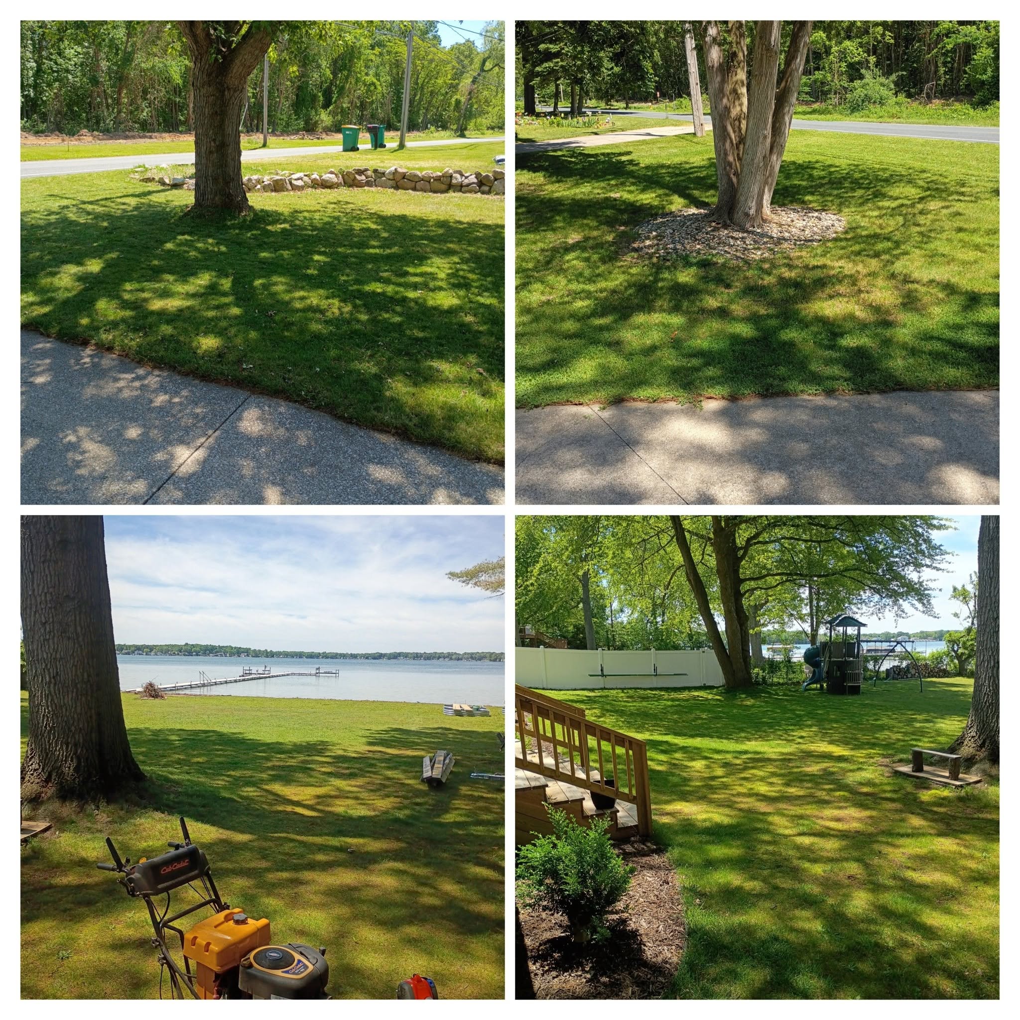 Collage of freshly cut shaded lawns around mature trees