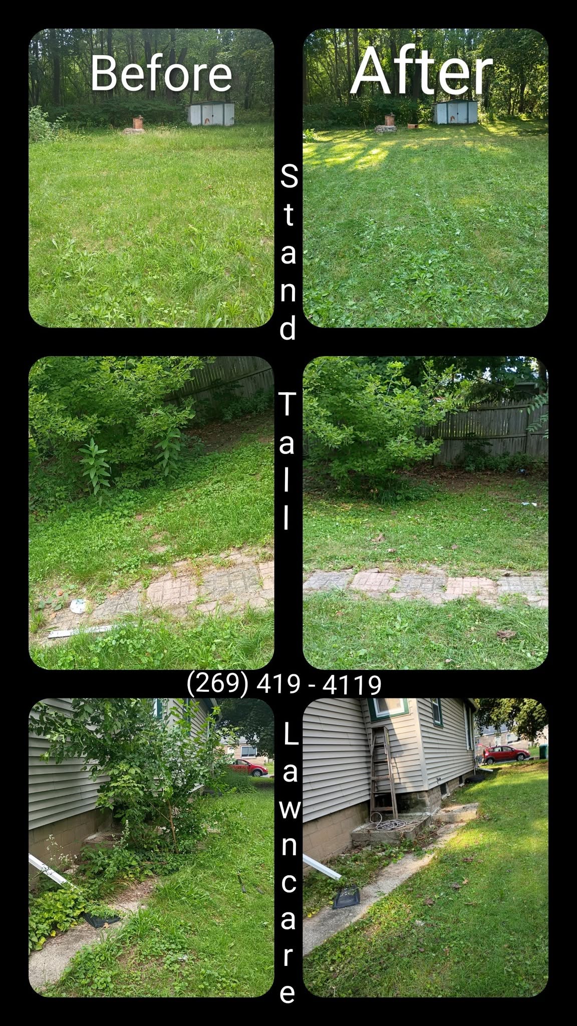 Before-and-after lawn cleanup collage