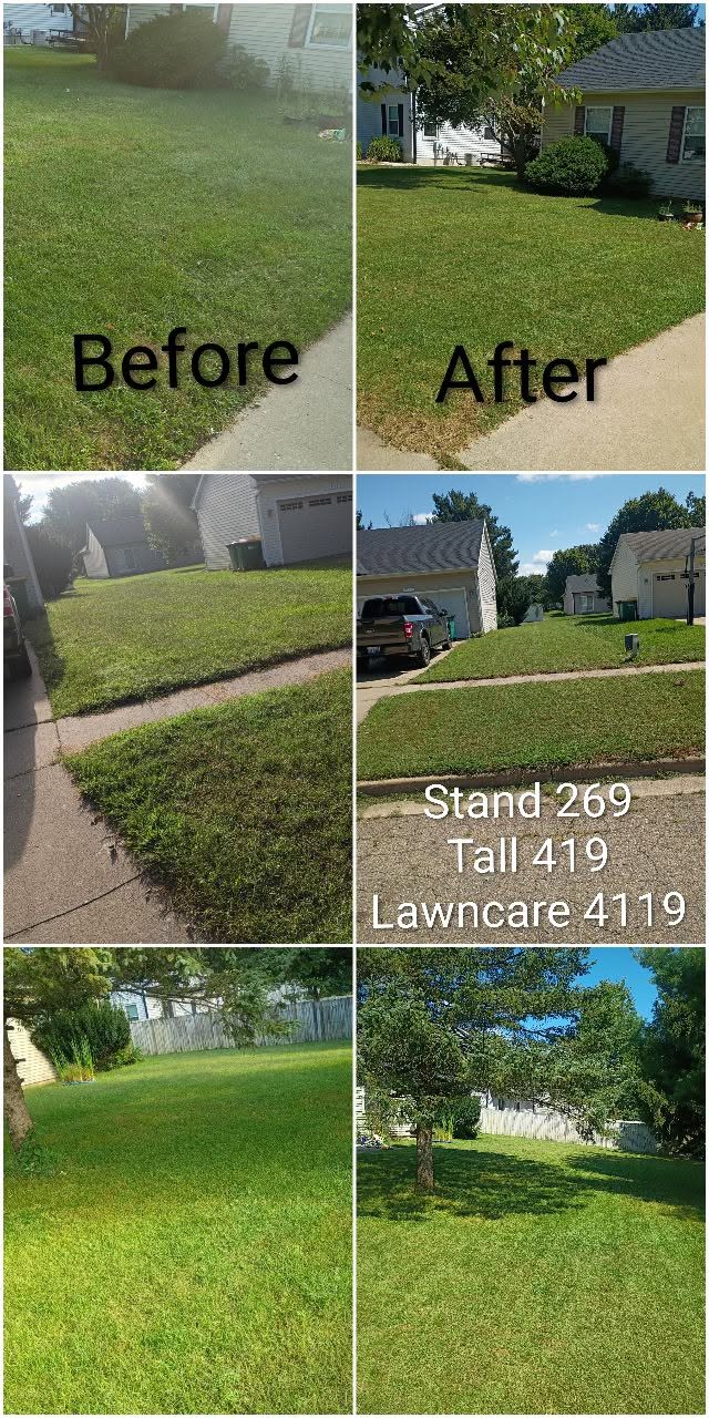 Before-and-after views of residential lawns after mowing